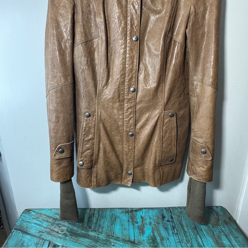 Y2K Danier Brown Leather Utility Jacket Snap Front Stand Collar Size Small - Picture 4 of 16